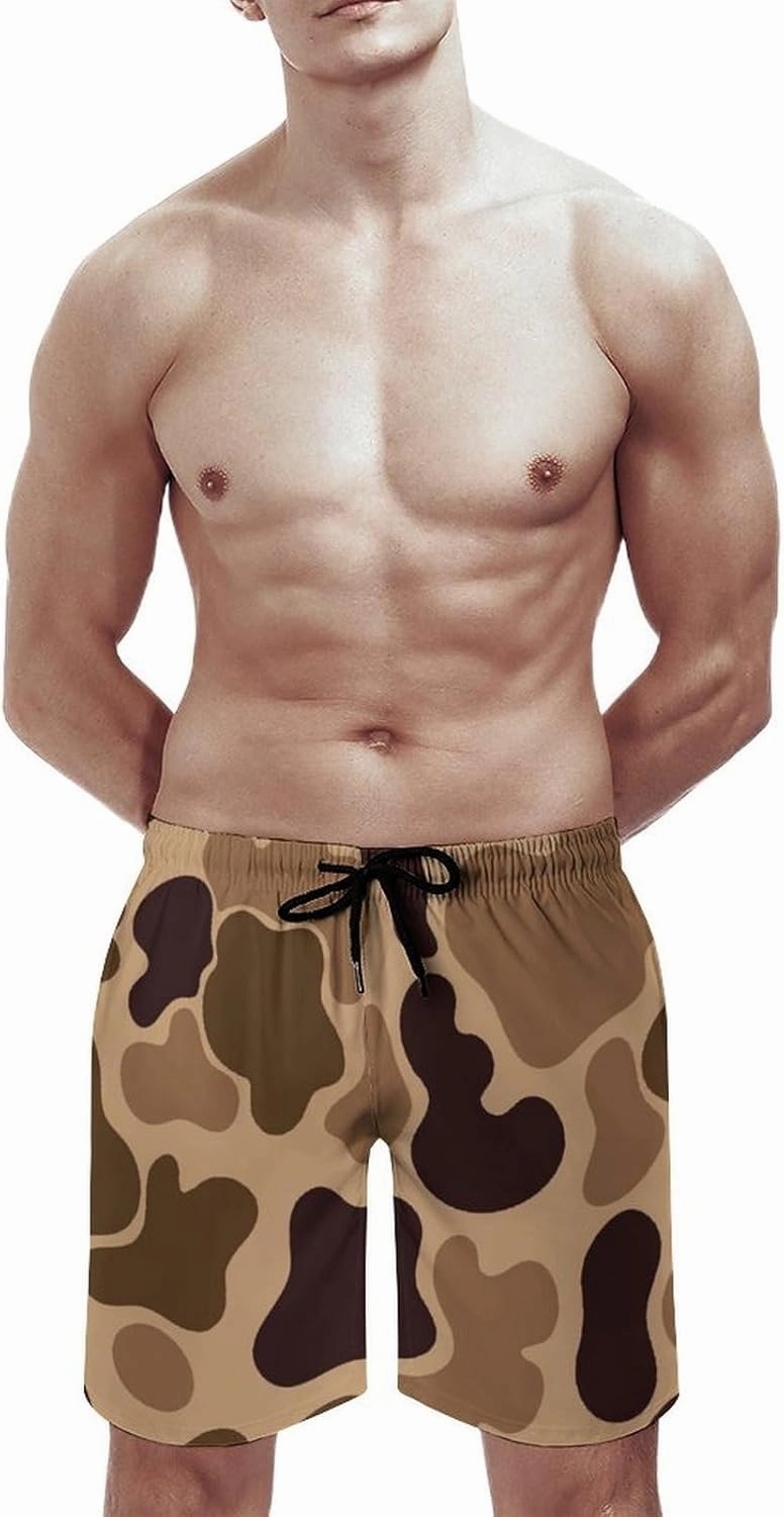 Men's Short Swim Trunks Vintage Brown Camouflage Quick Dry Bathing Suit Beach Swimsuits