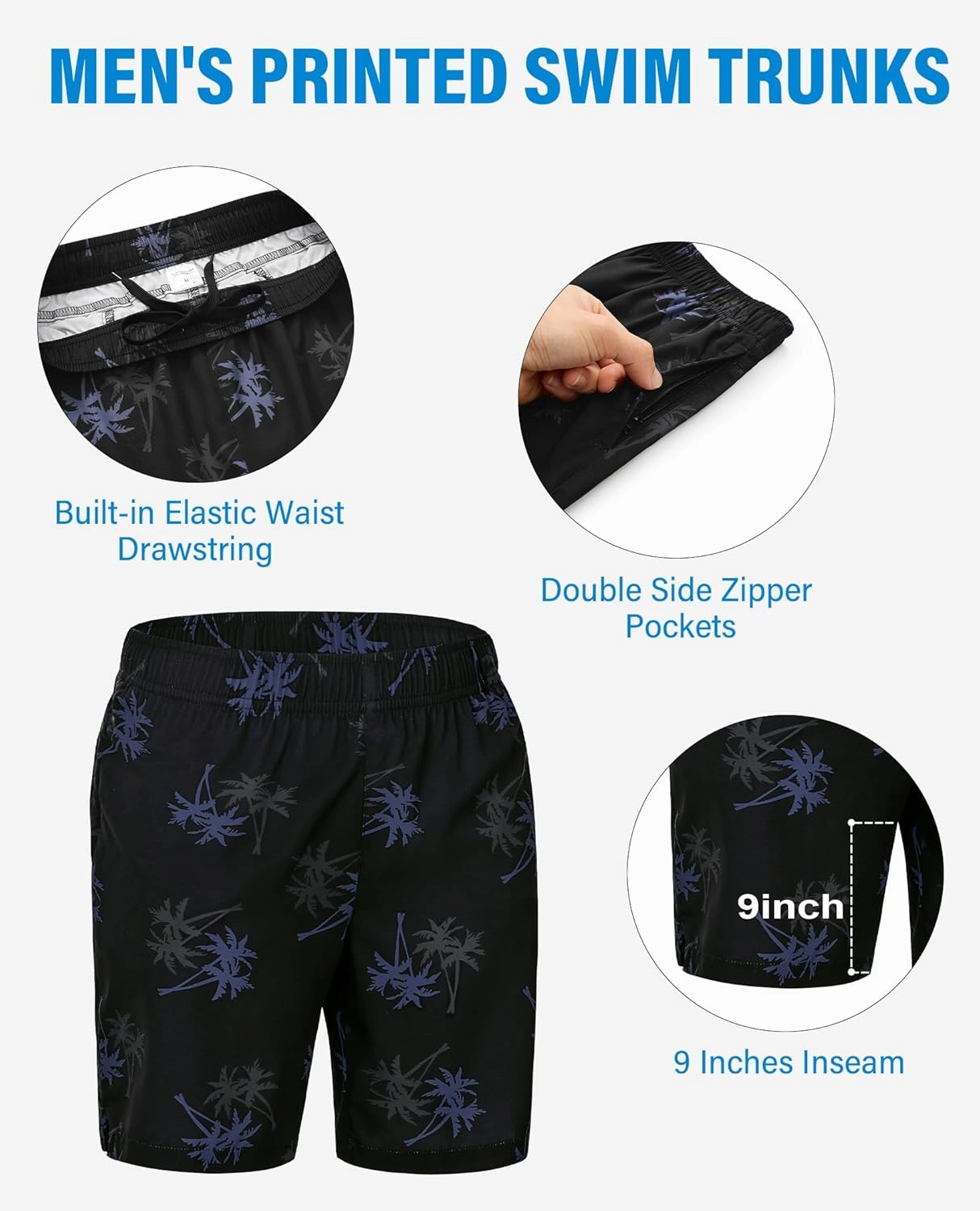 Men's Swim Trunks 9 Inch Printed Quick Dry Swim Shorts with Zipper Pocket No Liner Board Shorts Bathing Suit