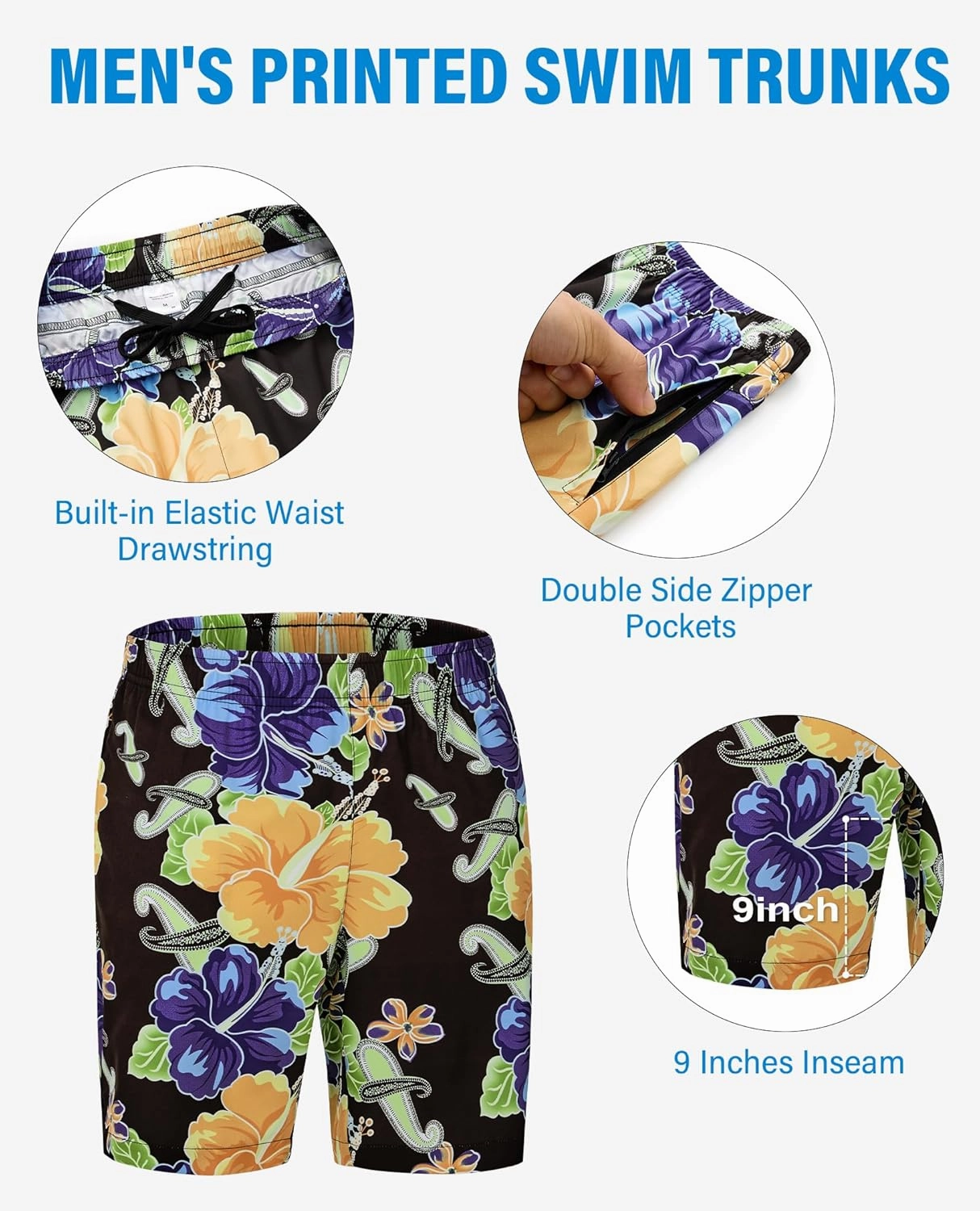Men's Swim Trunks 9 Inch Printed Quick Dry Swim Shorts with Zipper Pocket No Liner Board Shorts Bathing Suit