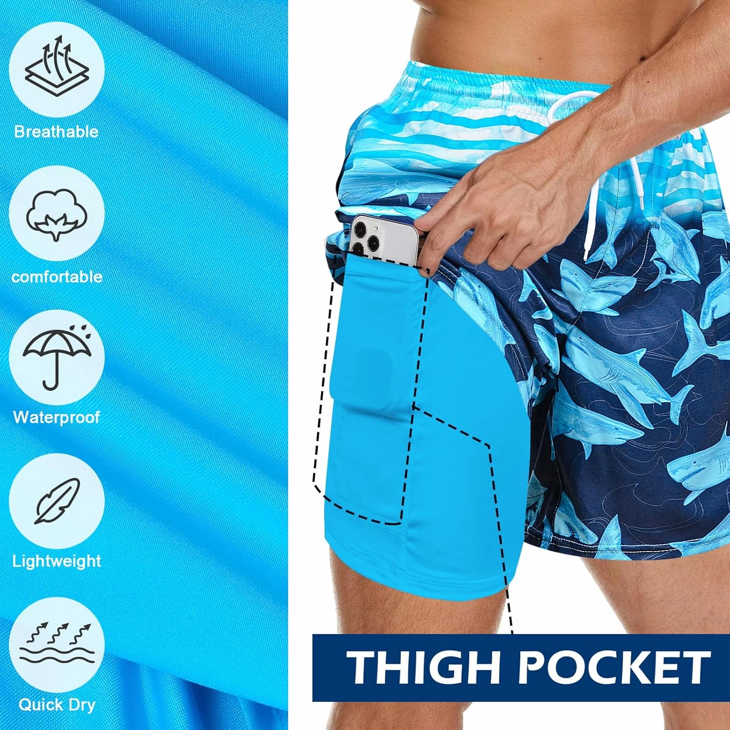 Men's Swim Trunks with Compression Liner Bathing Suits Swimwear Swimming Board Beach Shorts 7 Quick Dry Swimsuit