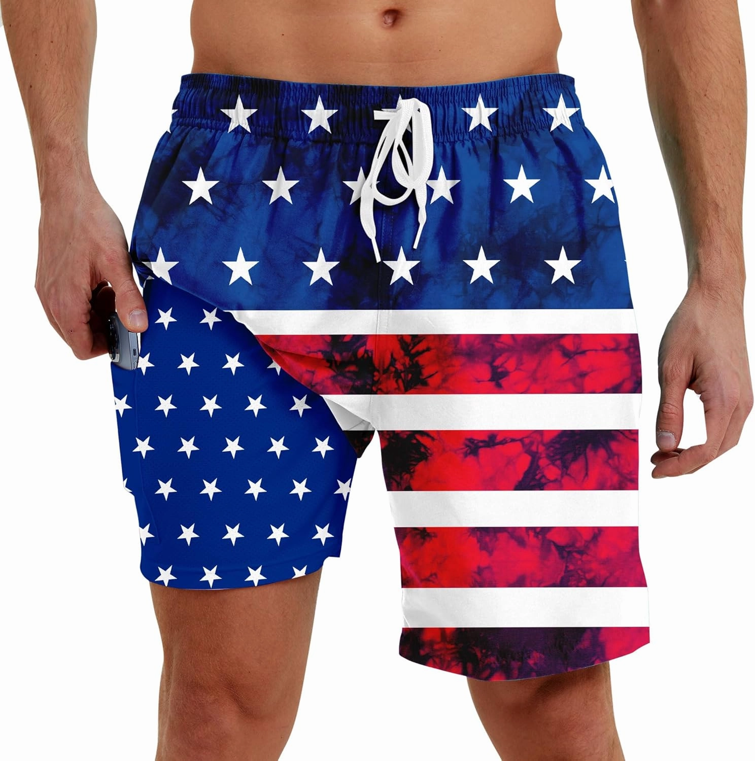 Men Swim Trunks with Compression Liner Men's 2 in 1 Bathing Suits 7 Inch Hawaiian Board Shorts