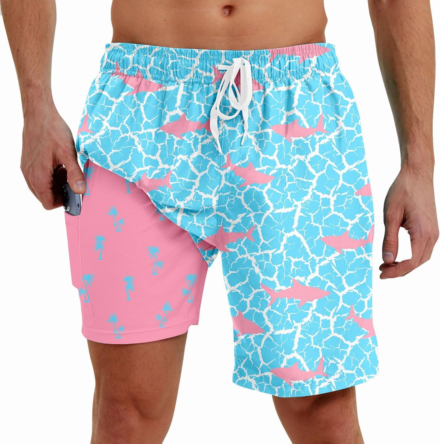 Men Swim Trunks with Compression Liner Men's 2 in 1 Bathing Suits 7 Inch Hawaiian Board Shorts