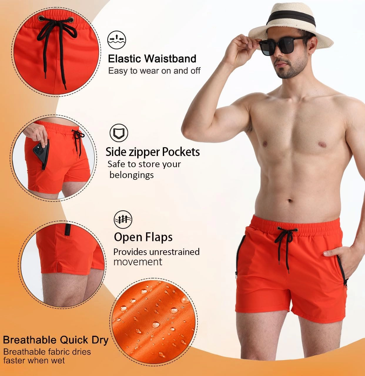 Mens 5" with Zipper Quick Dry Beach Shorts for Swimming Men Bathing Suit