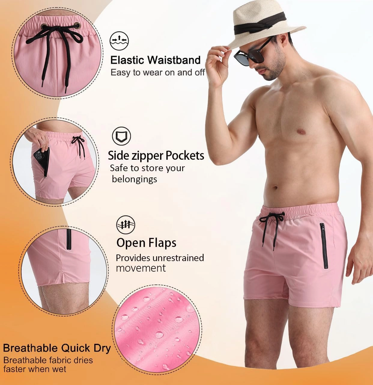 Mens 5" with Zipper Quick Dry Beach Shorts for Swimming Men Bathing Suit