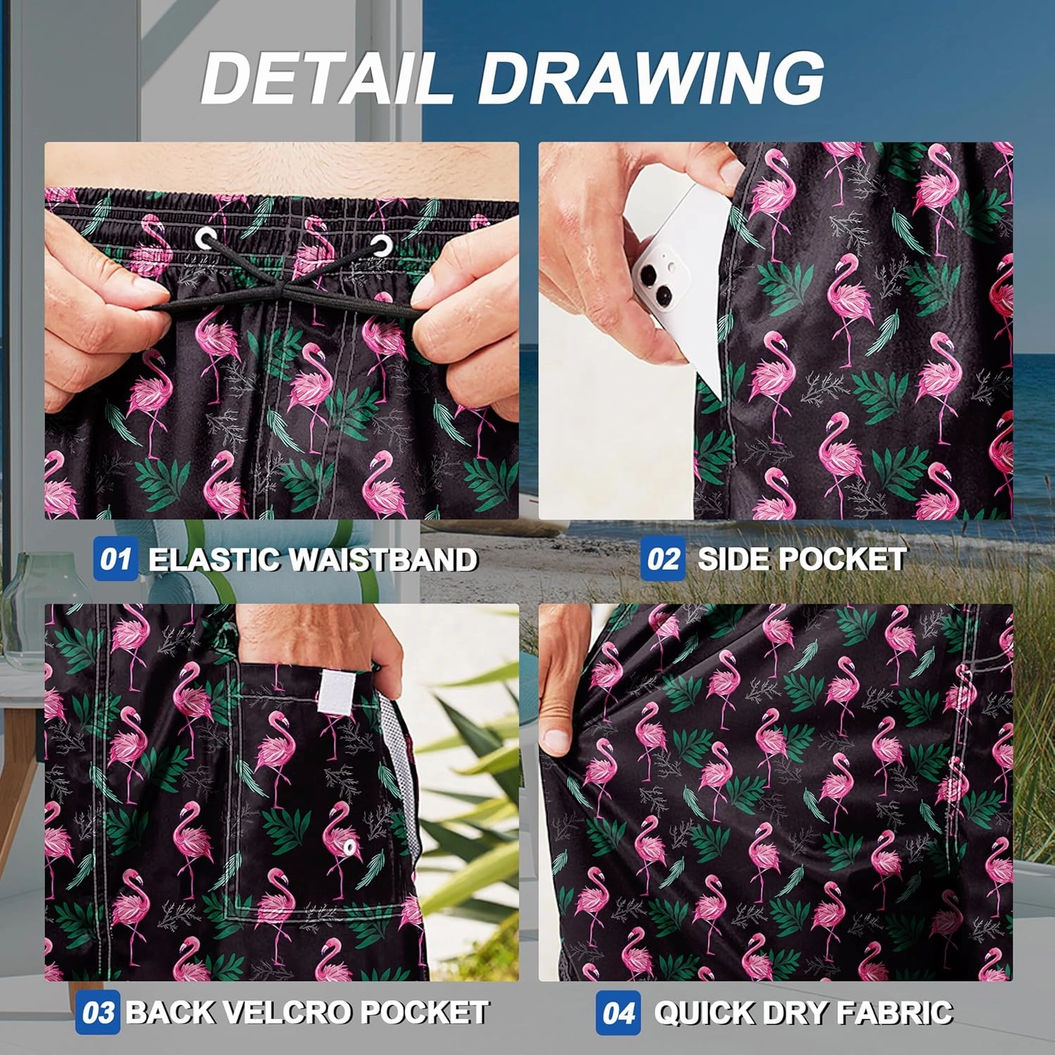 Mens Swim Trunks Quick Dry Board Shorts with Mesh Lining, Breathable Surf Beach Shorts Swimwear Bathing Suits