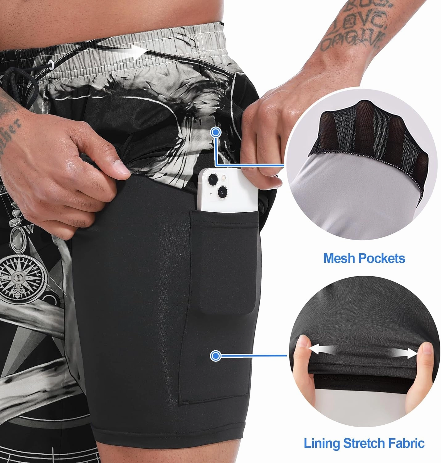 Mens Swim Trunks with Compression Liner 9" Board Shorts 2 in 1 Quick Dry Beach Swimwear Bathing Suits for Men