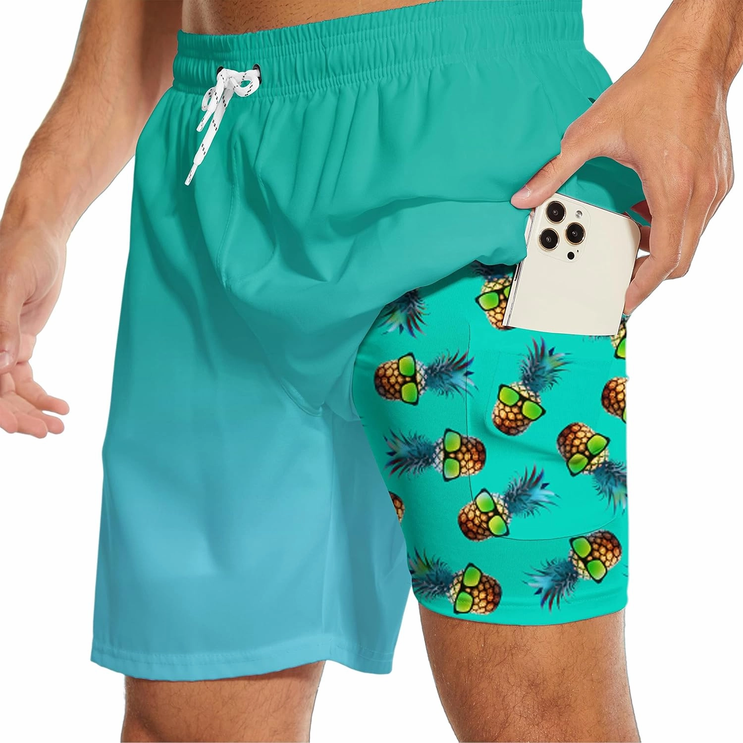 Mens Swim Trunks with Liner Breathable Compression Swim Shorts with 3 Pockets Flag Bathing Suit for Beach