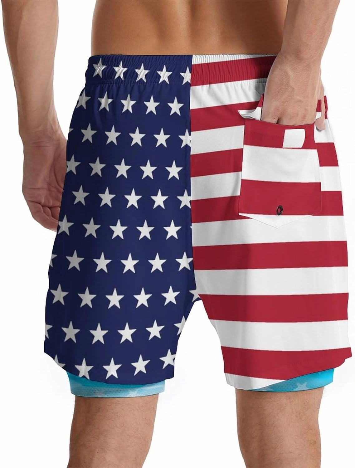 Mens Swim Trunks with Liner Breathable Compression Swim Shorts with 3 Pockets Flag Bathing Suit for Beach