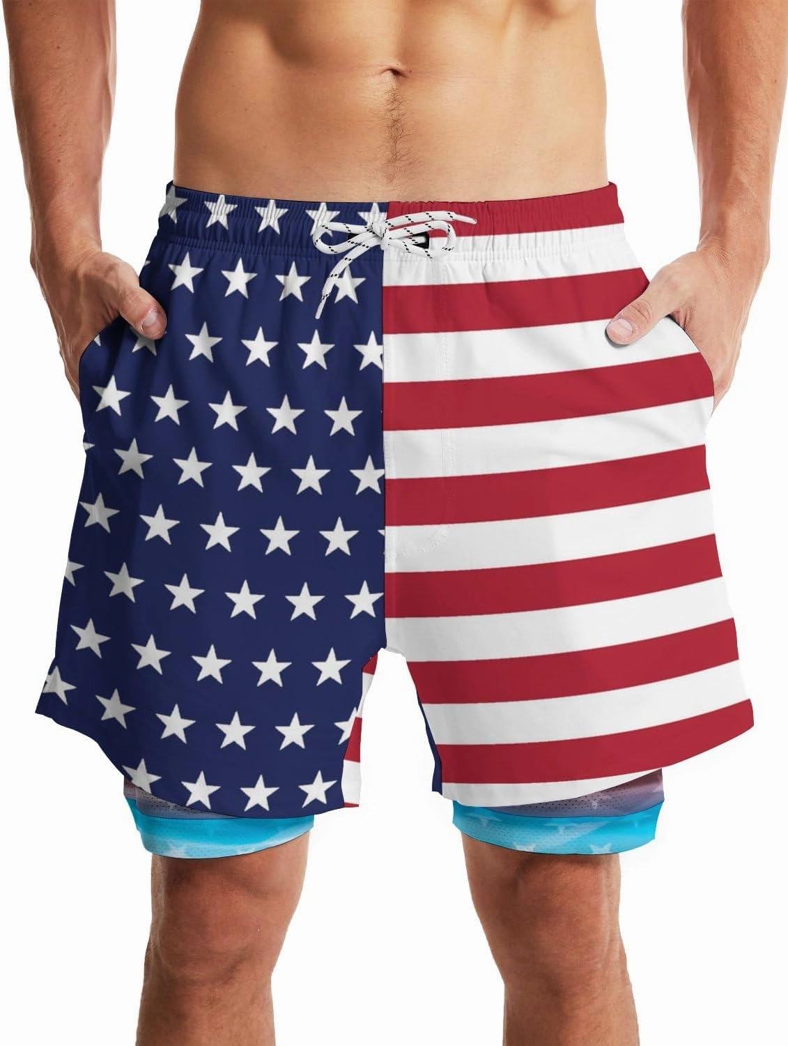 Mens Swim Trunks with Liner Breathable Compression Swim Shorts with 3 Pockets Flag Bathing Suit for Beach