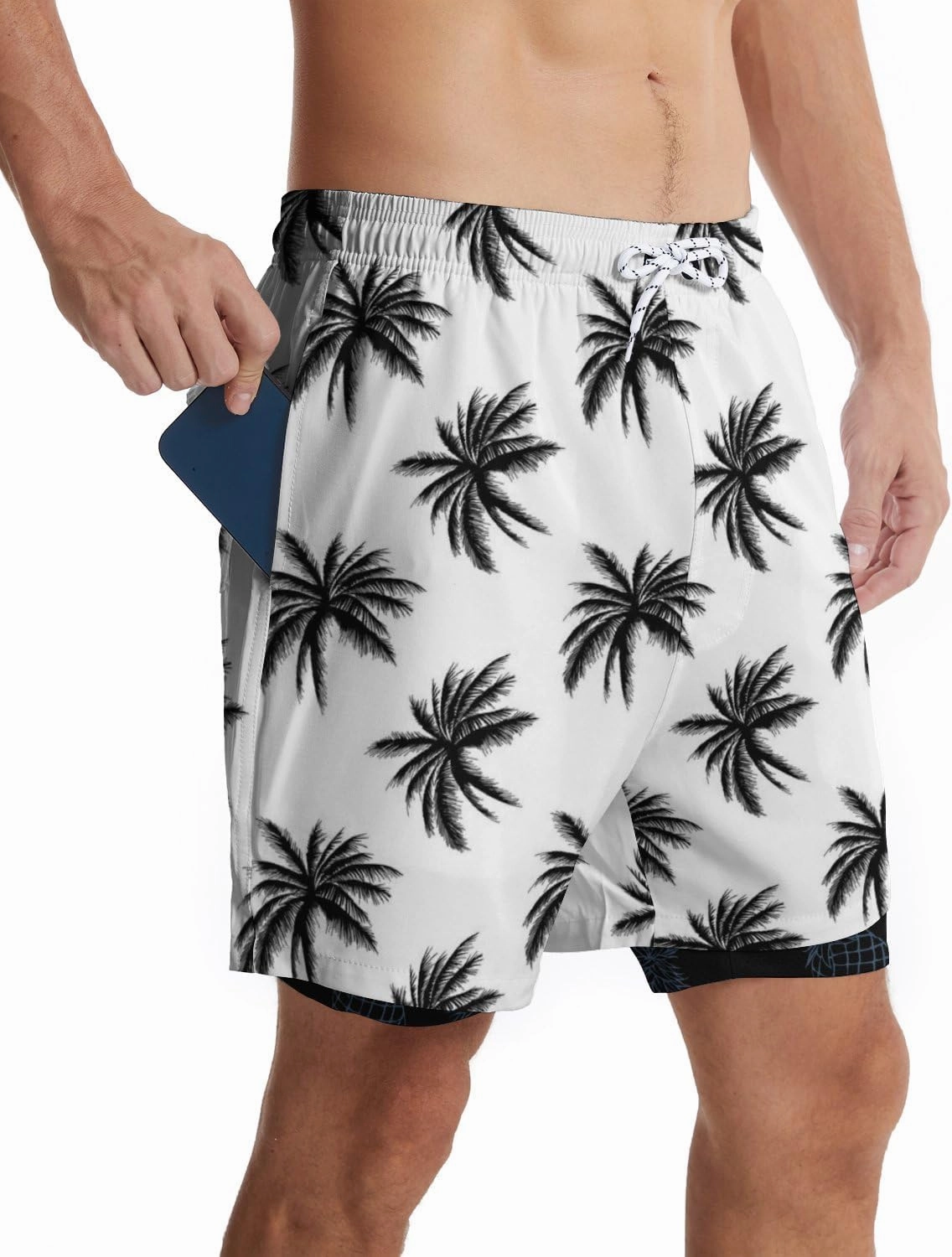 Mens Swim Trunks with Liner Breathable Compression Swim Shorts with 3 Pockets Flag Bathing Suit for Beach