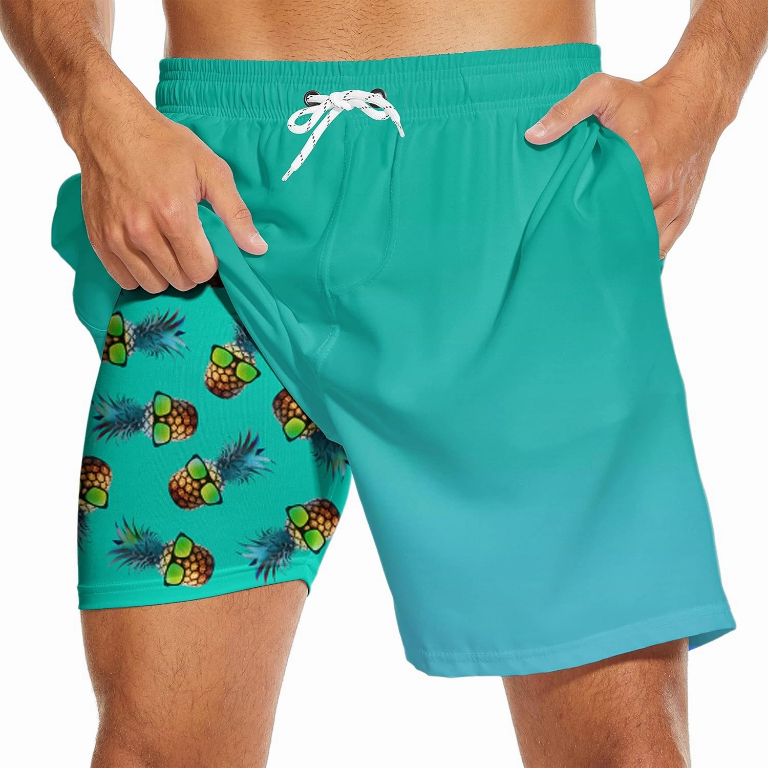 Mens Swim Trunks with Liner Breathable Compression Swim Shorts with 3 Pockets Flag Bathing Suit for Beach