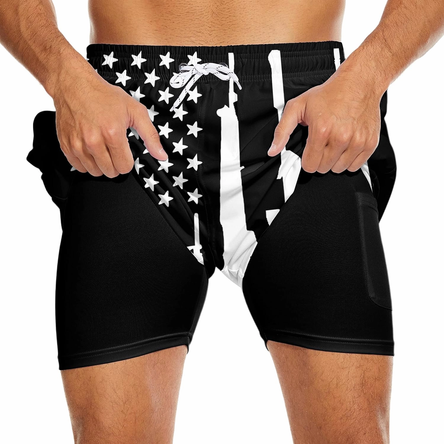 Mens Swim Trunks with Liner Breathable Compression Swim Shorts with 3 Pockets Flag Bathing Suit for Beach