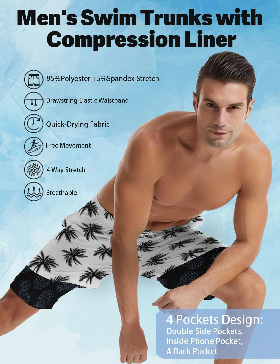 Mens Swim Trunks with Liner Breathable Compression Swim Shorts with 3 Pockets Flag Bathing Suit for Beach
