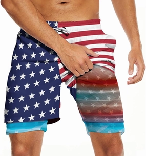 Mens Swim Trunks with Liner Breathable Compression Swim Shorts with 3 Pockets Flag Bathing Suit for Beach