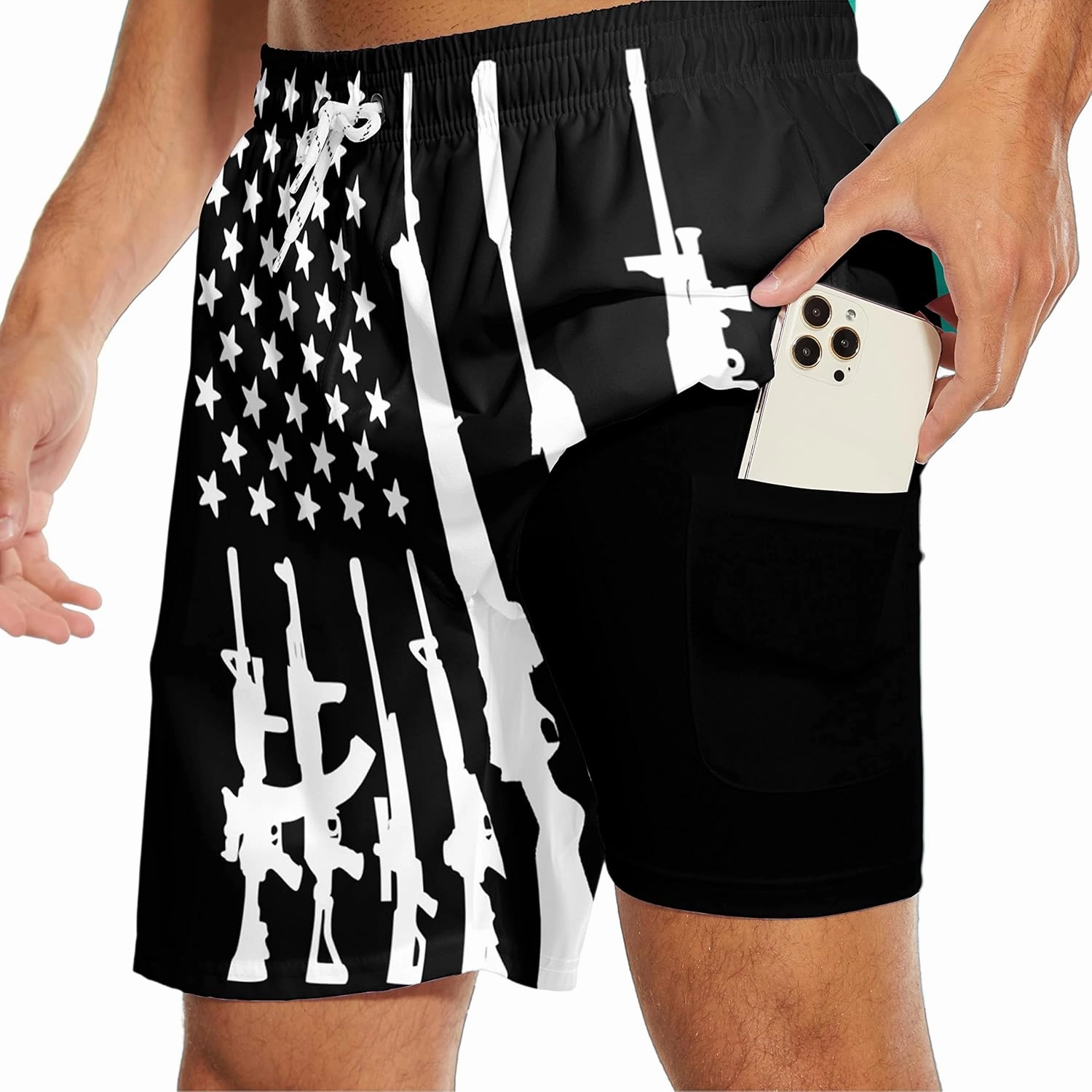 Mens Swim Trunks with Liner Breathable Compression Swim Shorts with 3 Pockets Flag Bathing Suit for Beach