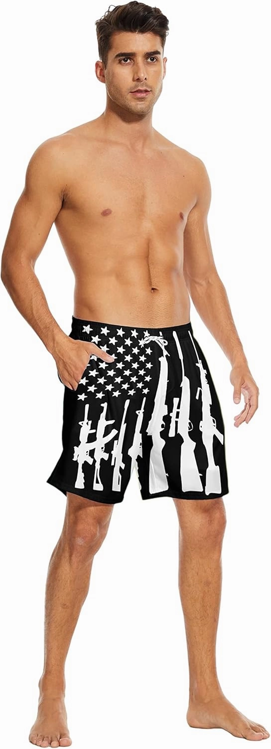 Mens Swim Trunks with Liner Breathable Compression Swim Shorts with 3 Pockets Flag Bathing Suit for Beach