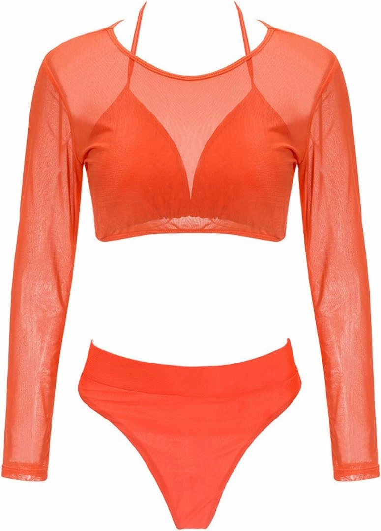 Meyeeka Womens Sexy High Waist Rash Guard Swimwear Long Sleeve 3PCS Swimsuit