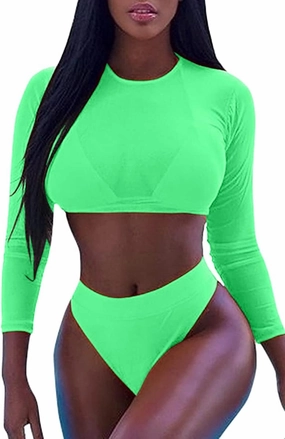 Meyeeka Womens Sexy High Waist Rash Guard Swimwear Long Sleeve 3PCS Swimsuit
