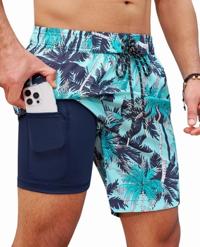 Milin Naco Mens Swim Trunks 7 Inch Inseam Compression Liner 2 in 1 Printed Swimming Short