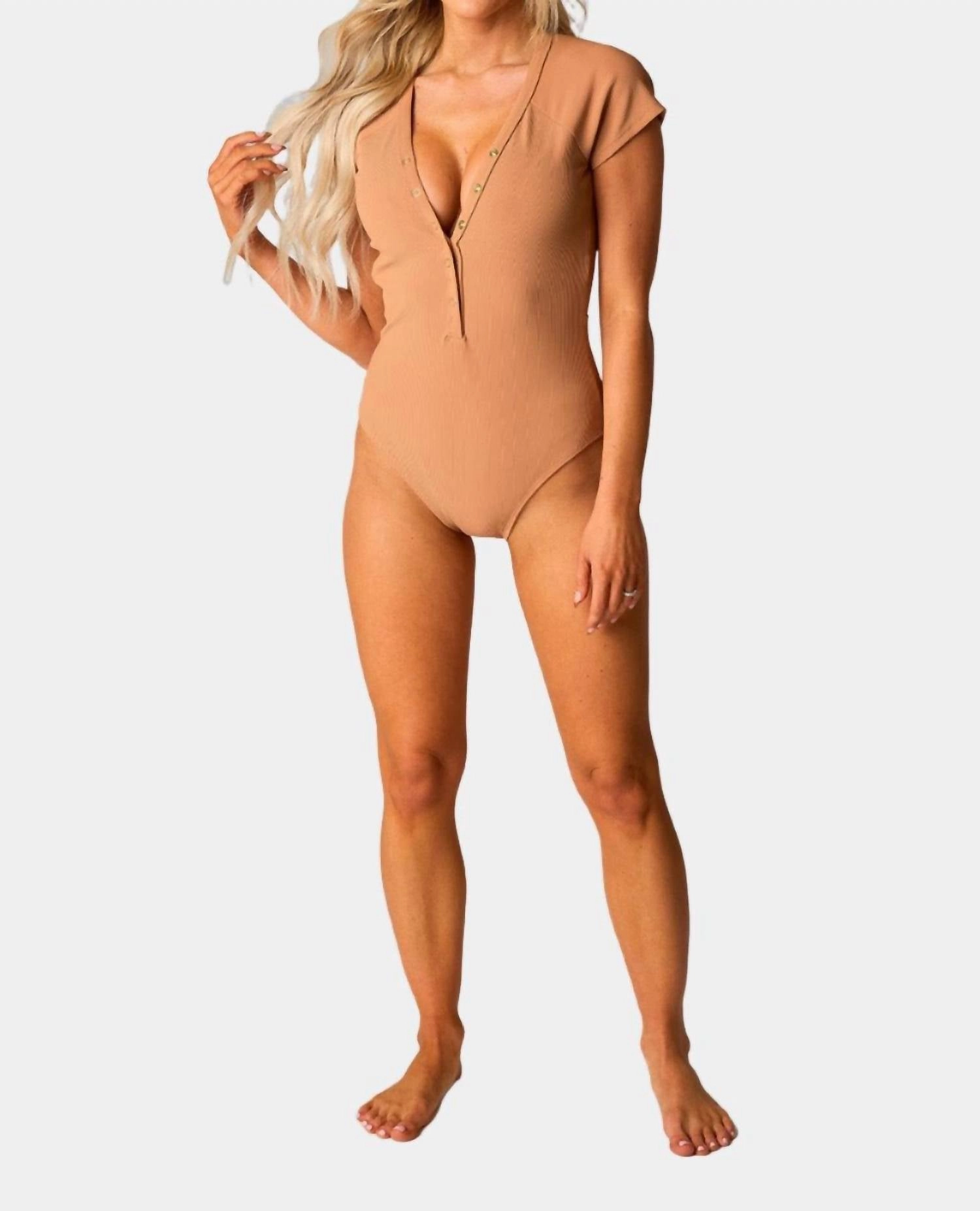 Mona Button Detail Short Sleeve One Piece Swimsuit In Sand