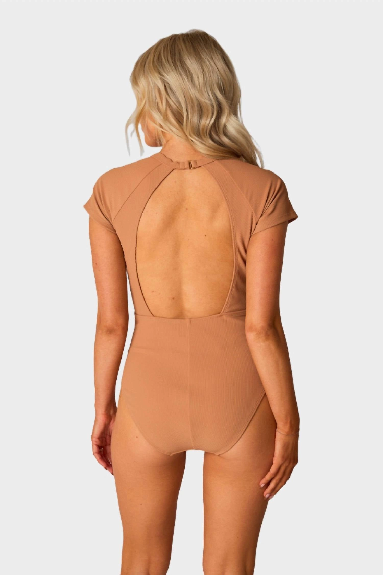 Mona Button Detail Short Sleeve One Piece Swimsuit In Sand