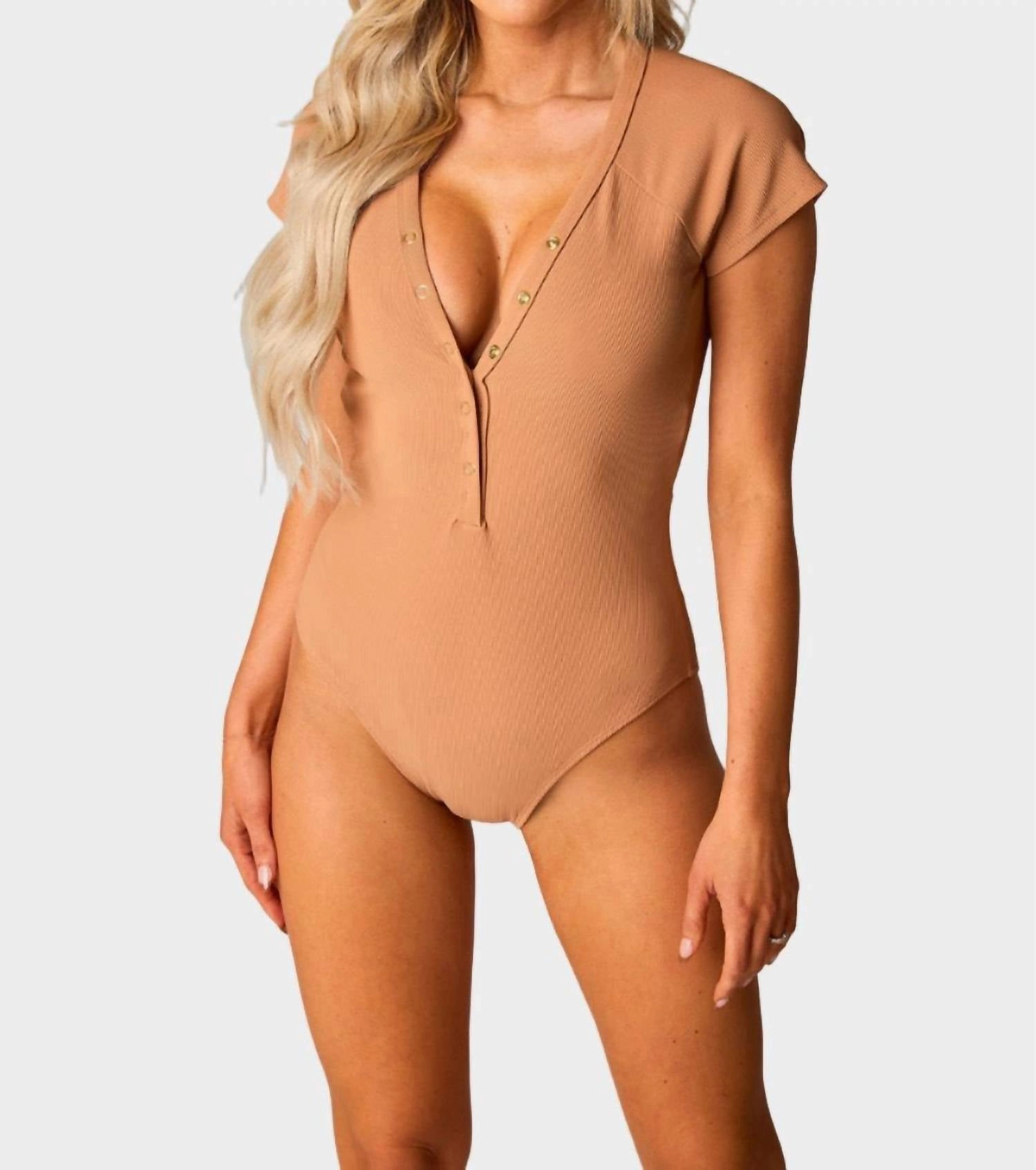 Mona Button Detail Short Sleeve One Piece Swimsuit In Sand