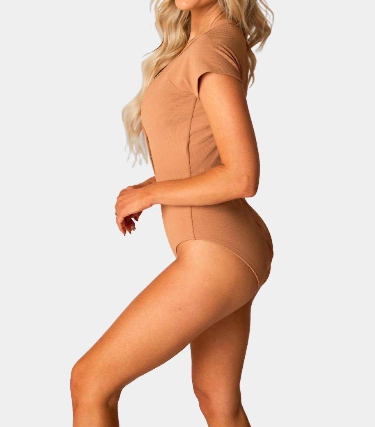 Mona Button Detail Short Sleeve One Piece Swimsuit In Sand