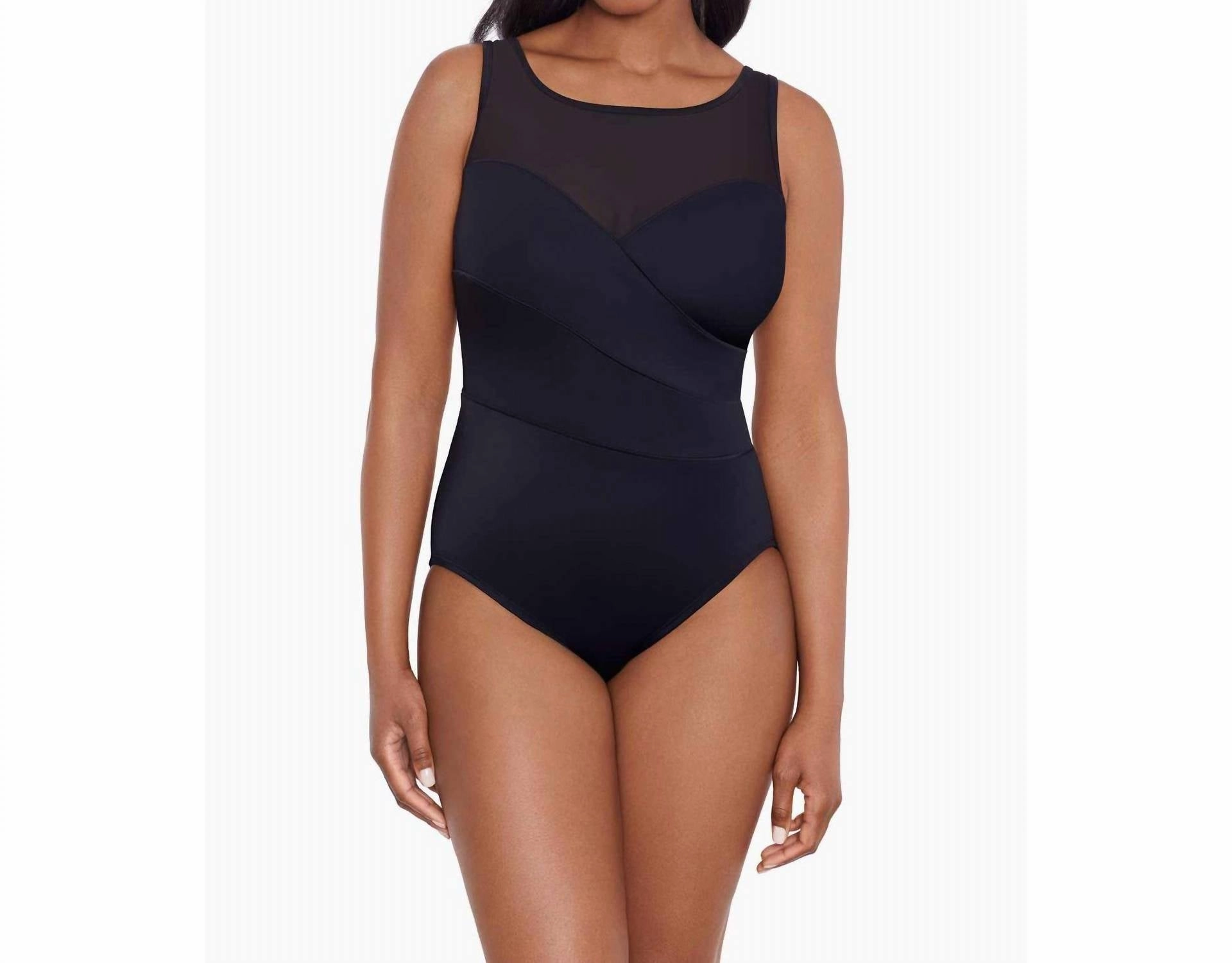 Night Gala Mesh High Neck Long Torso One Piece In Black