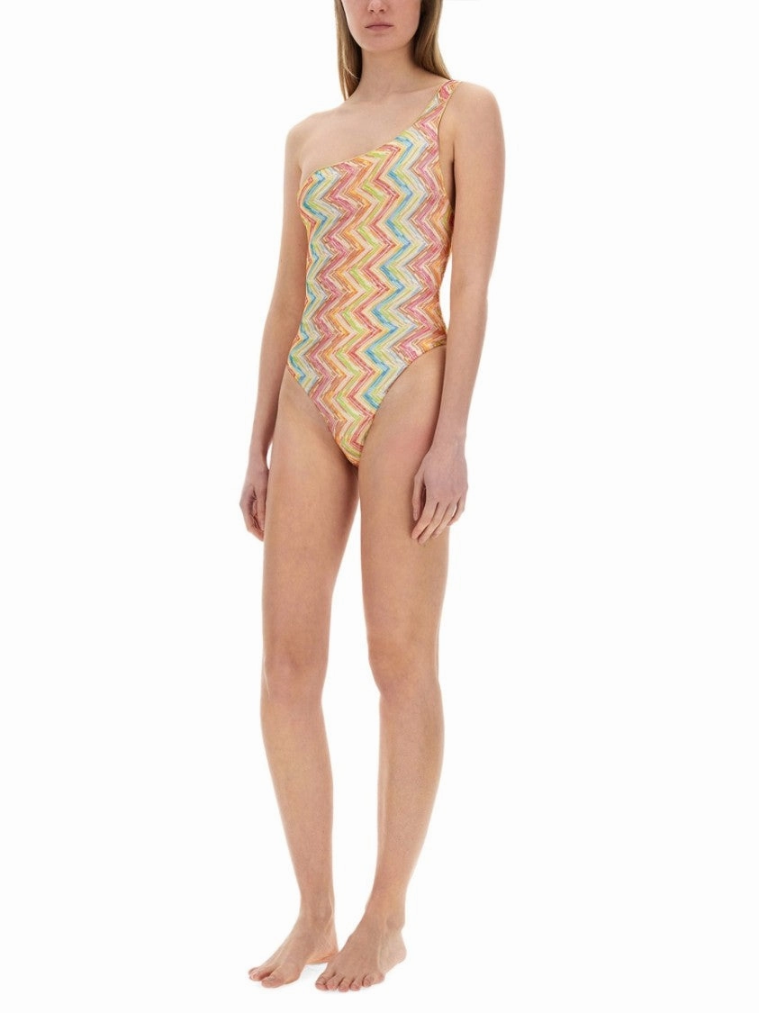 One-Shoulder Printed Tulle One-Piece Swimsuit
