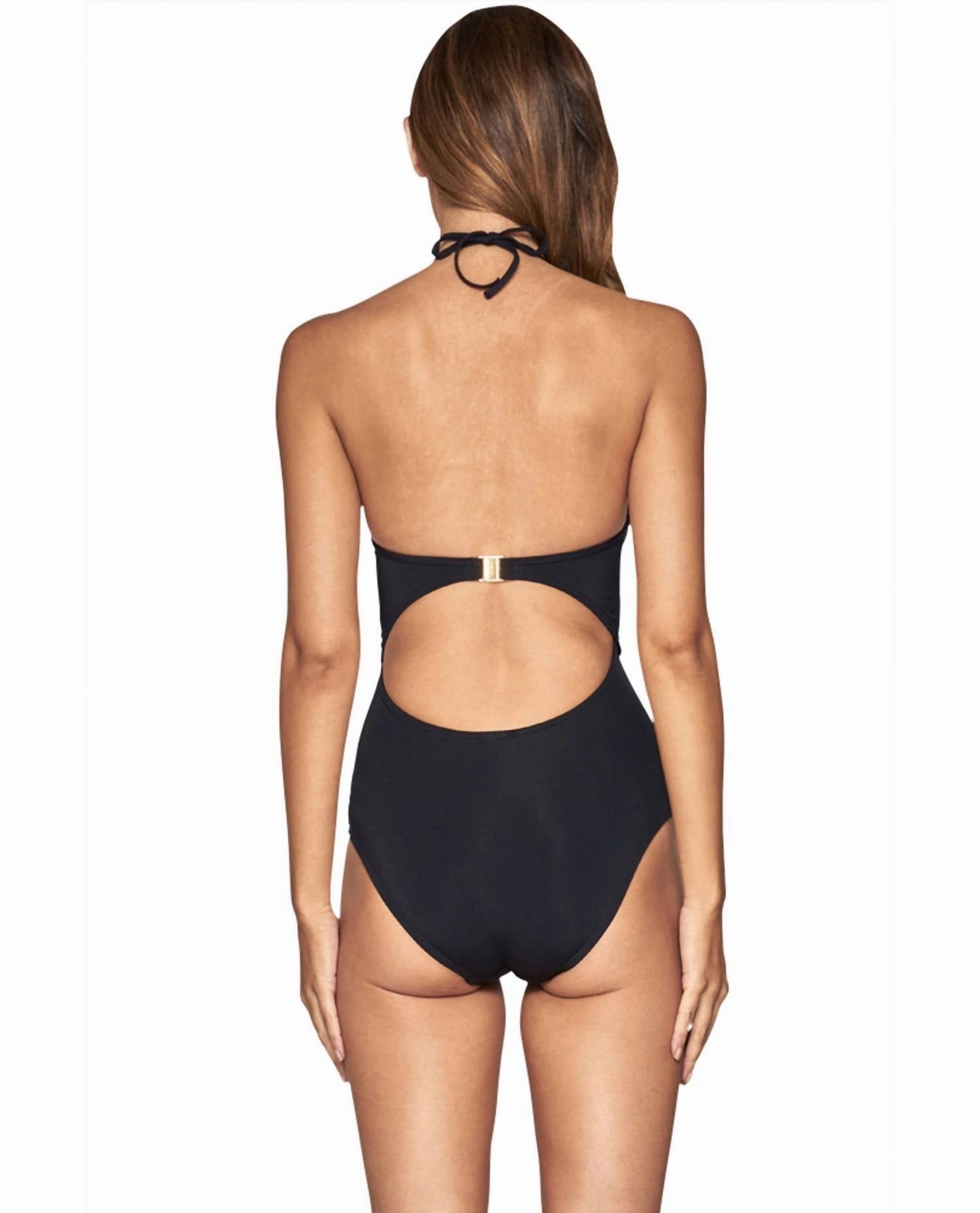 Plunge Lace Up Halter One Piece Swimsuit In Black