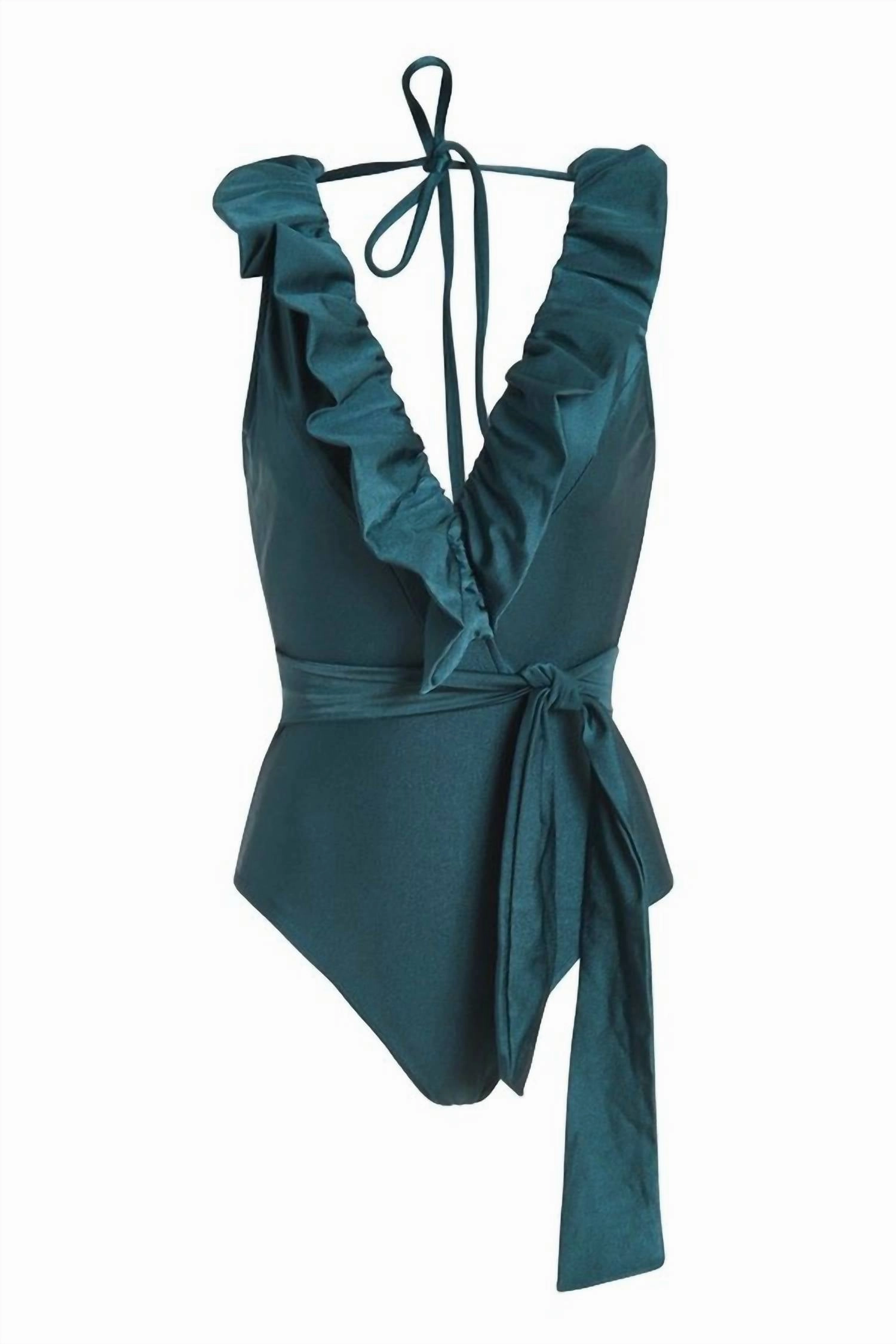 Plunge Ruffle One-Piece Swimsuit In Palace Green