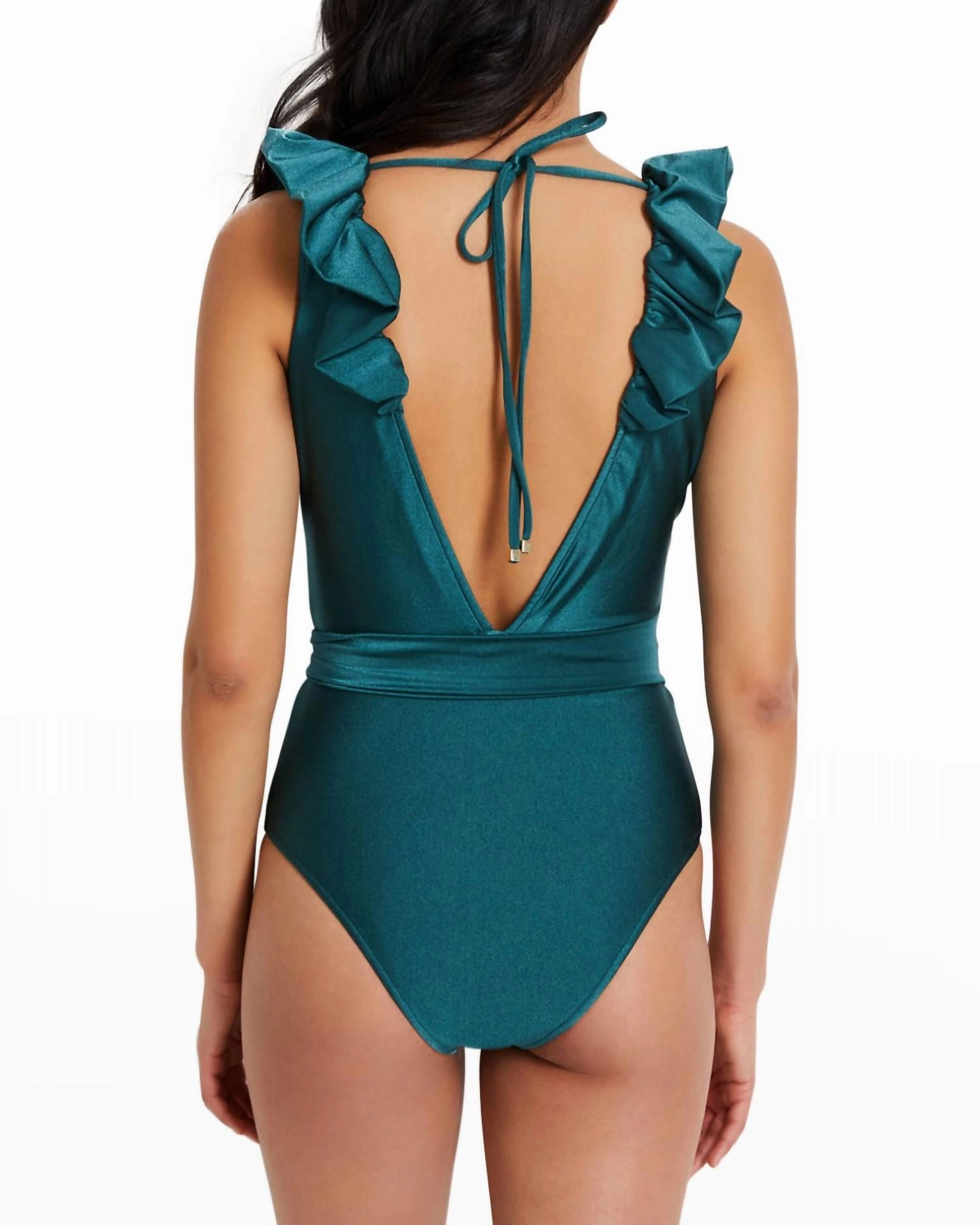 Plunge Ruffle One-Piece Swimsuit In Palace Green