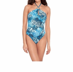 Printed Rattan Ring Halter Neck One Piece Swimsuit In Blue