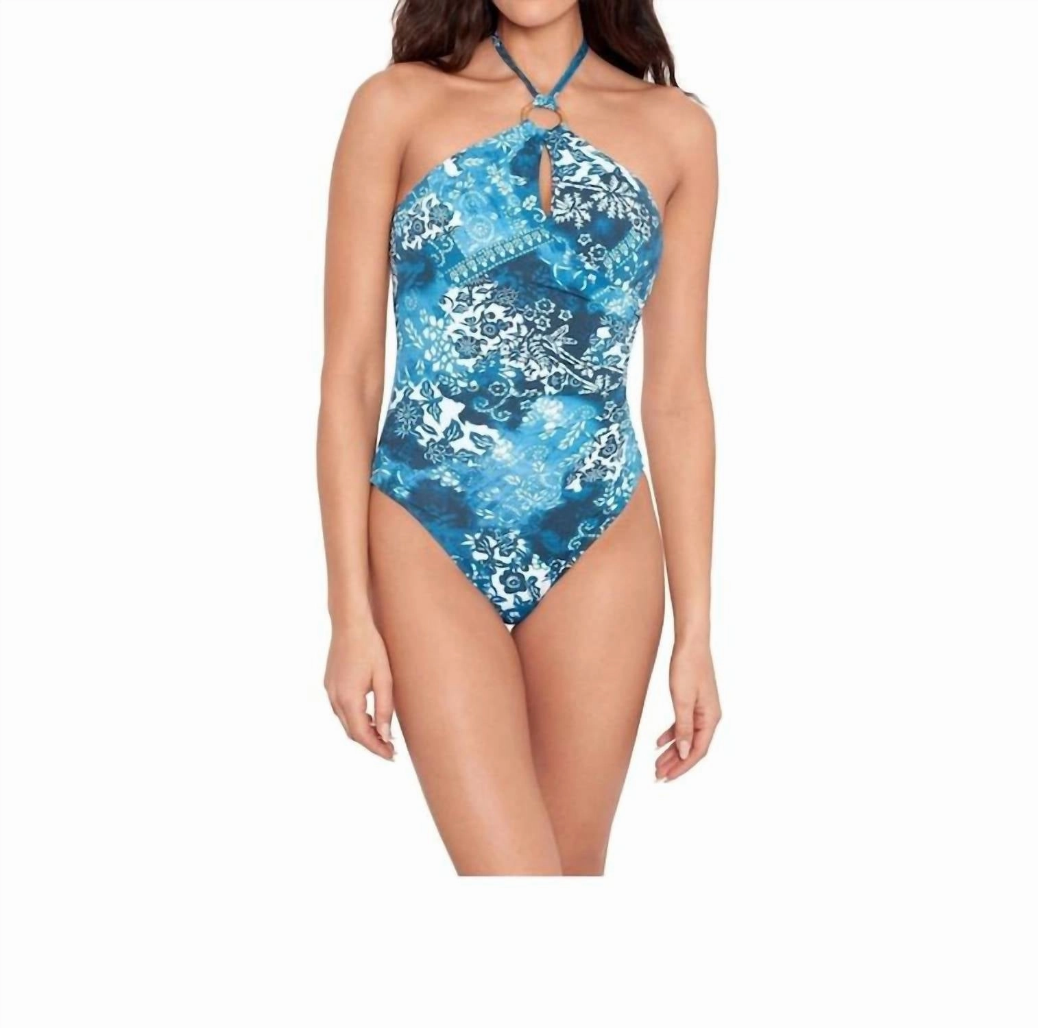 Printed Rattan Ring Halter Neck One Piece Swimsuit In Blue