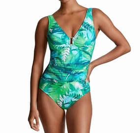 Printed Square Ring One Piece Swimsuit In Green Leaf