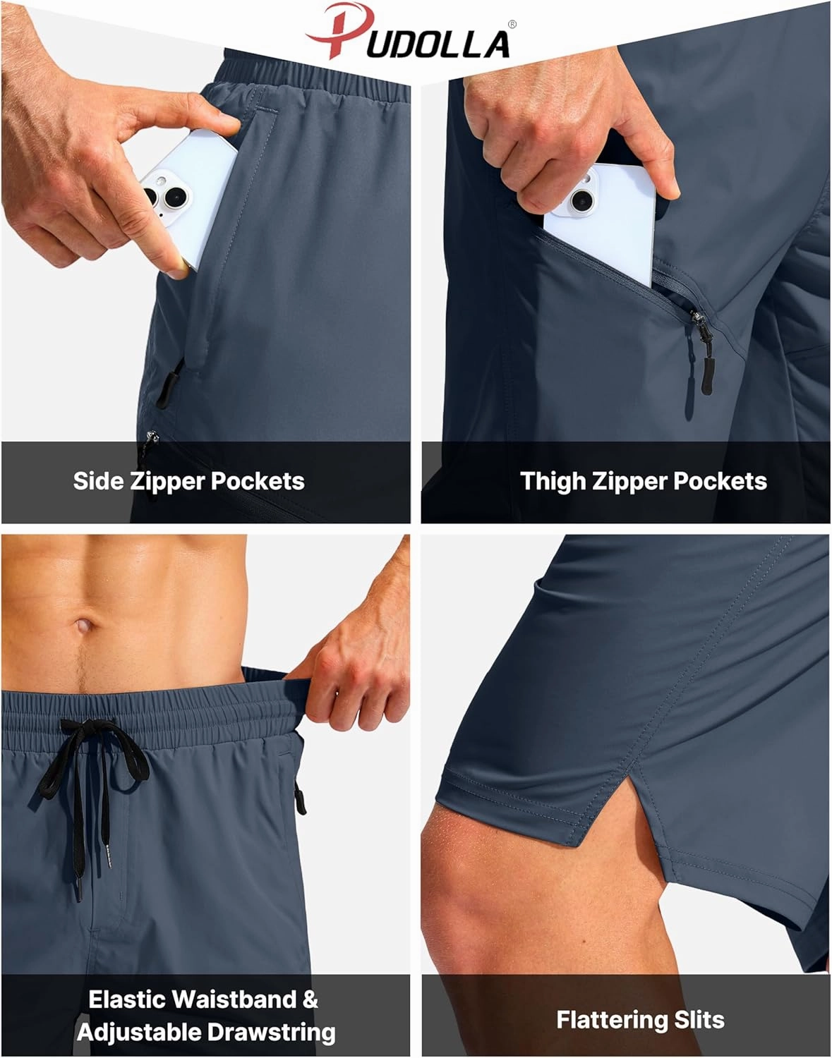 Pudolla Men's Swim Trunks with Compression Liner Quick Dry 9" Board Shorts Bathing Suit with 3 Zipper Pockets