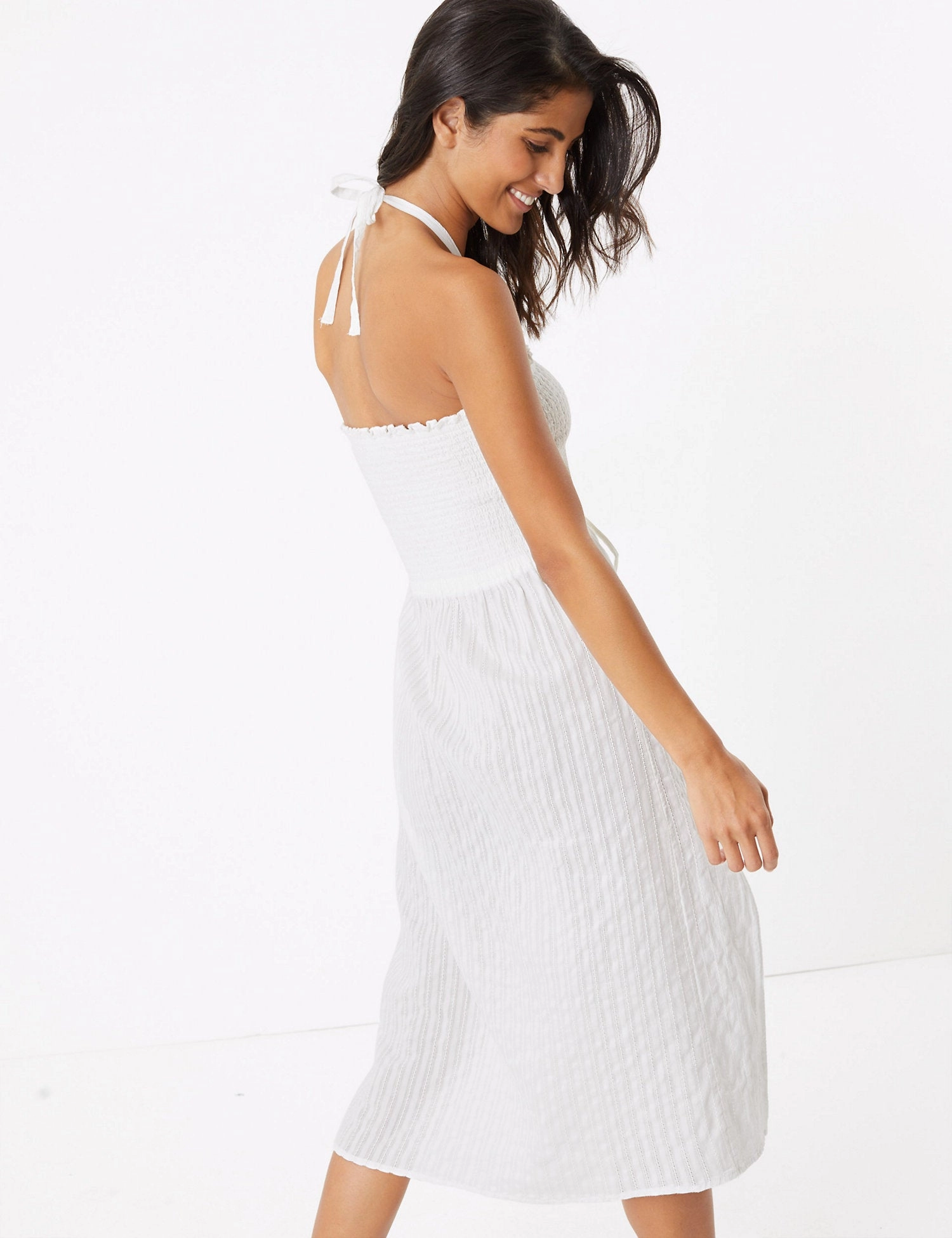 Pure Cotton Woven Shirred Midi Beach Dress
