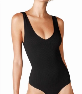 Ribbed V Neck Tank Bodysuit In Black