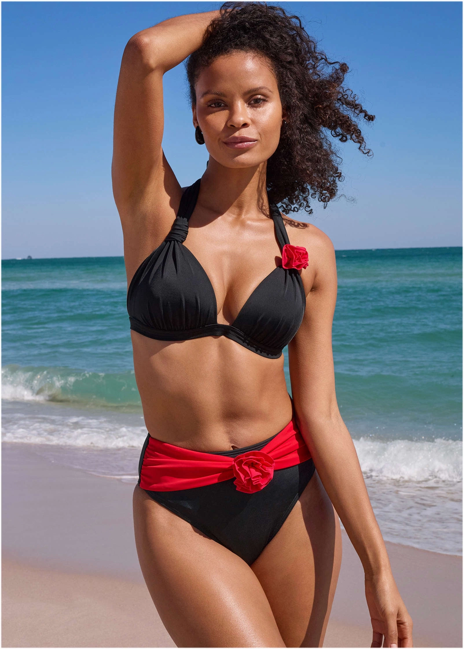 Rosette Goddess Push-Up Halter Top - Black & Red