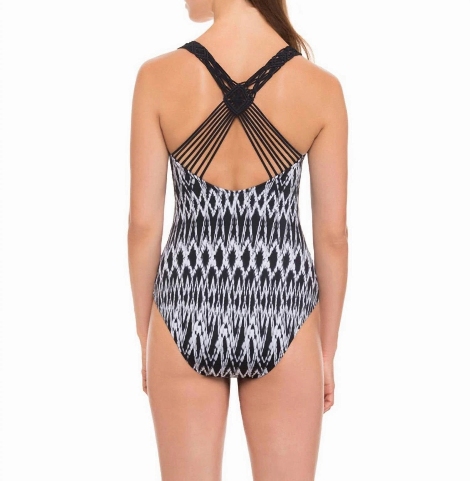 Round Neck Macrame Back One Piece Swimsuit In Shibori