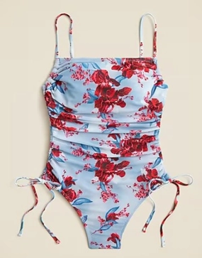 Ruched Side-Tie One-Piece With Tulle In Floral Print In Blue