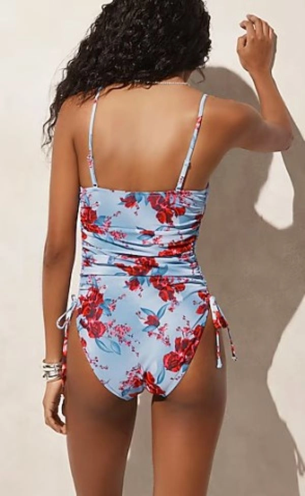 Ruched Side-Tie One-Piece With Tulle In Floral Print In Blue