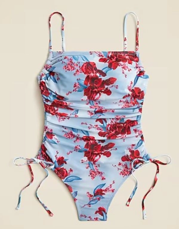 Ruched Side-Tie One-Piece With Tulle In Floral Print In Blue