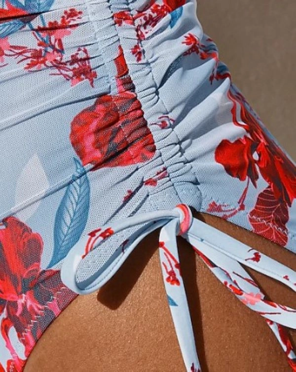 Ruched Side-Tie One-Piece With Tulle In Floral Print In Blue