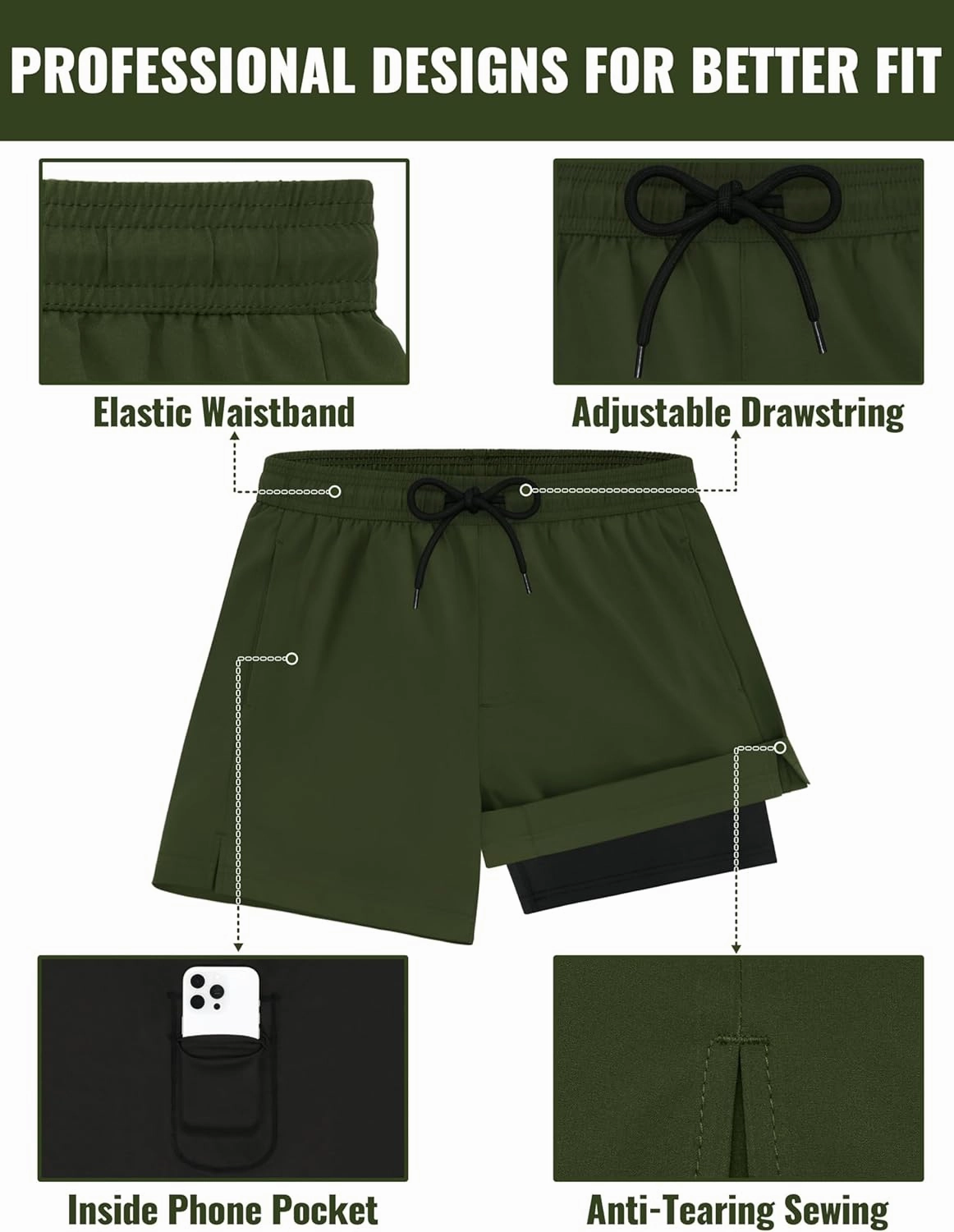 Sarfel Mens Swim Trunks 5 Inch Mens Bathing Suit with Compression Liner Men's Board Shorts Men's Swimwear Quick Dry Swimsuit