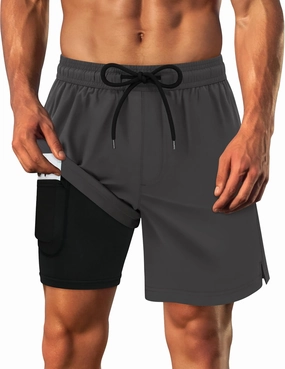 Sarfel Mens Swim Trunks with Compression Liner Mens Bathing Suit 7 Inch Inseam Quick Drying Men's Board Shorts Men's Swimwear
