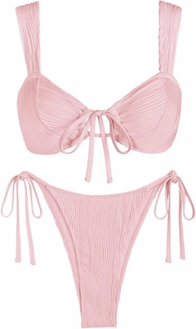 seamoly Swim Suits for Women 2025 Ribbed Tie Front Cutout Cheeky Bikini Sets Open Back Sexy Side Tie Thong Bathing Suit