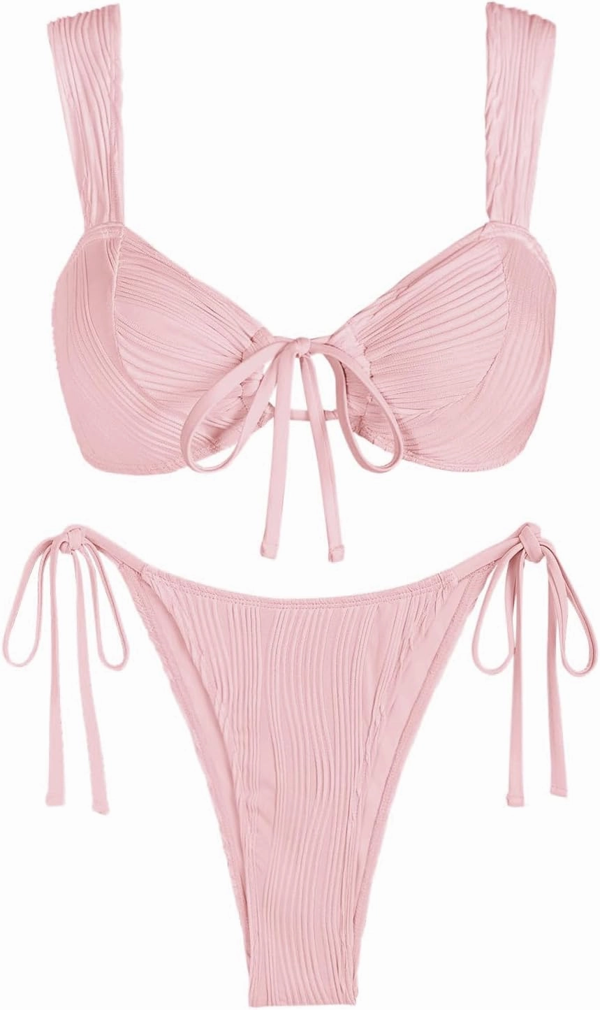 seamoly Swim Suits for Women 2025 Ribbed Tie Front Cutout Cheeky Bikini Sets Open Back Sexy Side Tie Thong Bathing Suit