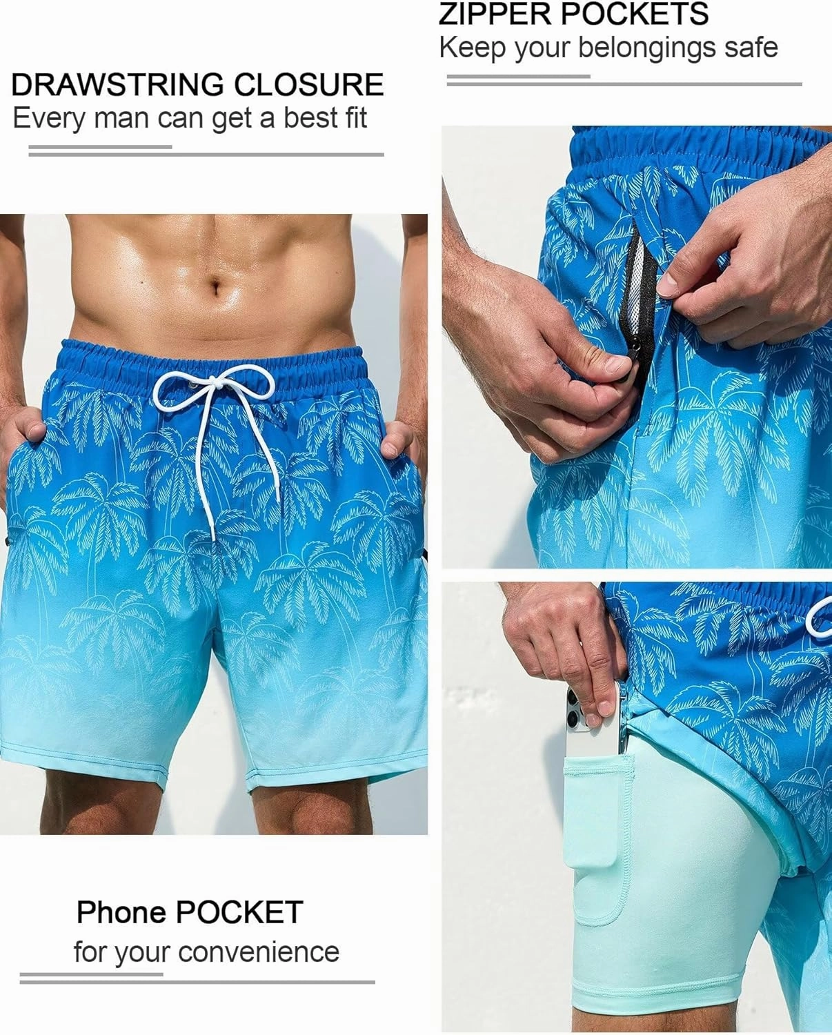 SILKWORLD Mens Swim Trunks Quick Dry Swimming Shorts with Compression Liner and Zipper Pockets
