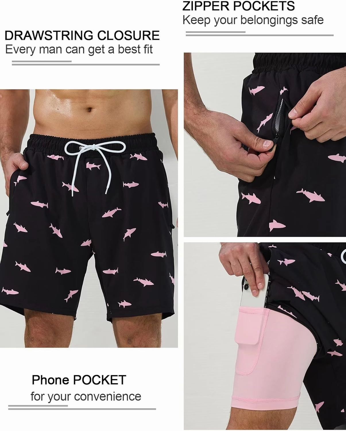 SILKWORLD Mens Swim Trunks Quick Dry Swimming Shorts with Compression Liner and Zipper Pockets